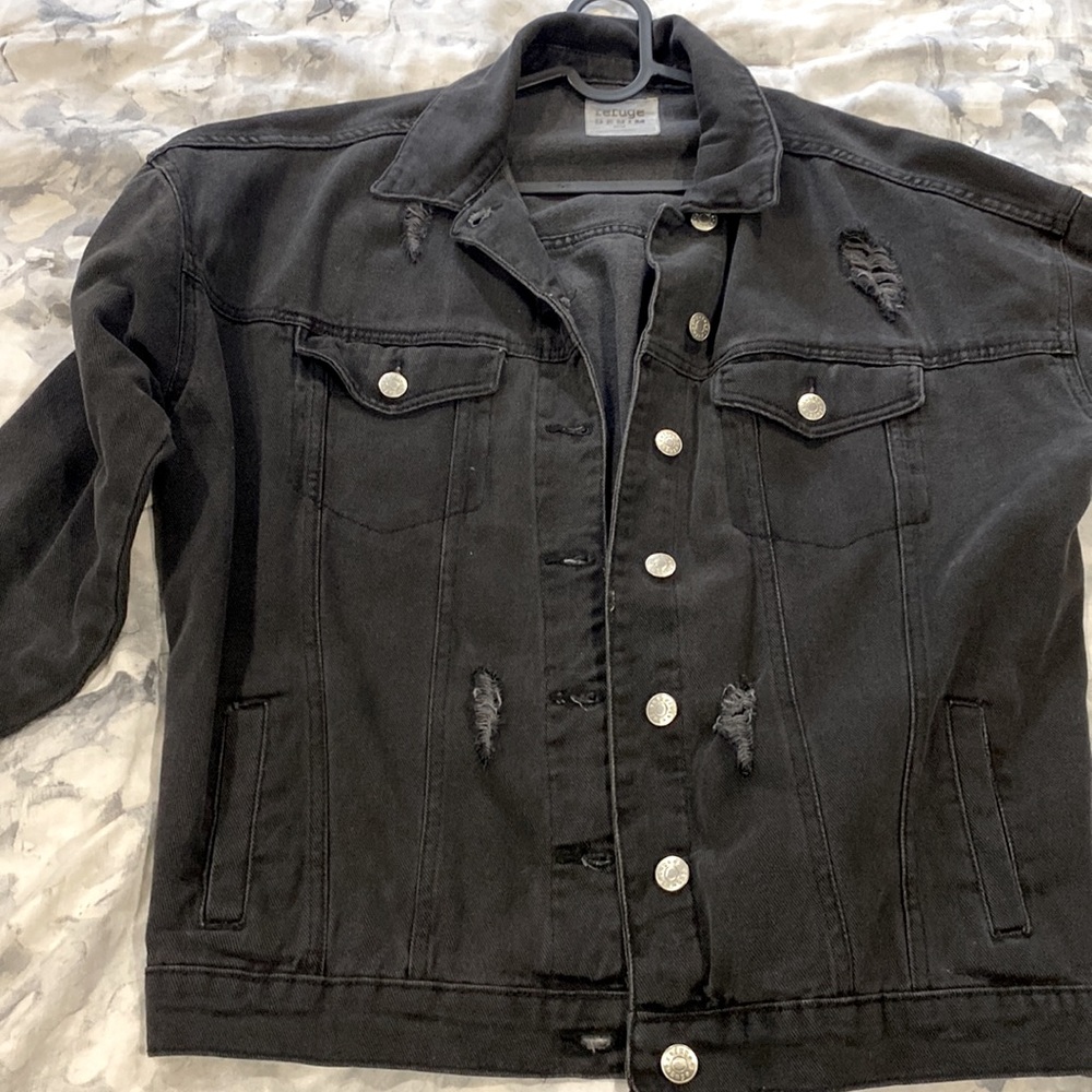 Distressed women’s black jean jacket